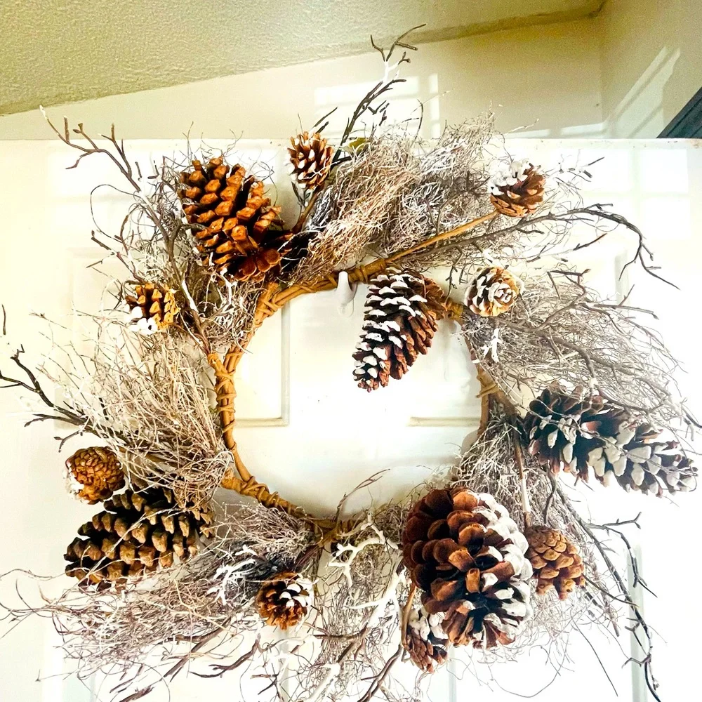 *Snow Fallen Twig & Pinecone Wreath, 24”